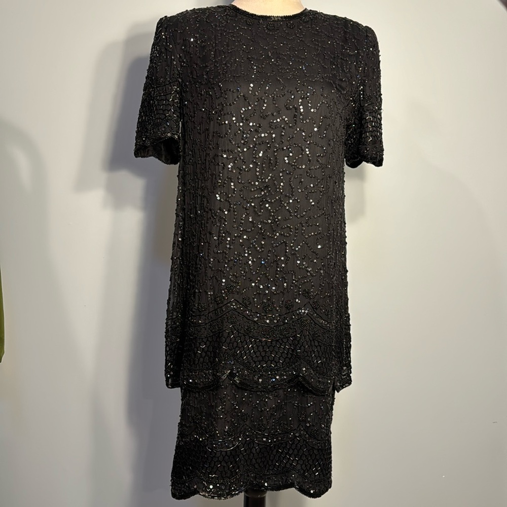 Vintage Brilliante black beaded silk sequin dress Size S